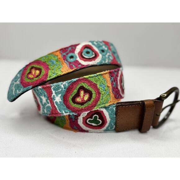 Lucky Brand Colorful Floral Crewel Embroidered Wool Leather Belt Size Large - Picture 1 of 8
